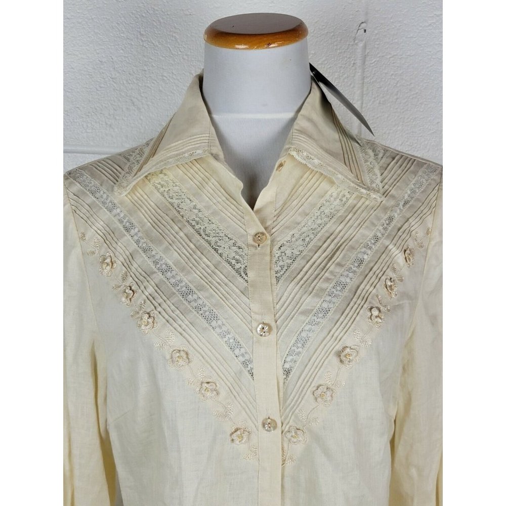 NWT Austin Reed Cream Linen Embroidered Lace Blouse Shirt Cottagecore sz 12 - Picture 2 of 11